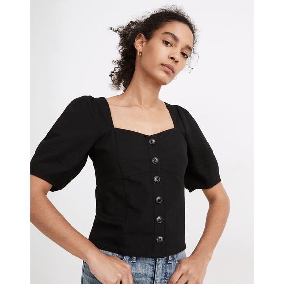Madewell Black Button Front Puff Sleeve Cotton Top Square Neck Size 00 - Picture 1 of 9